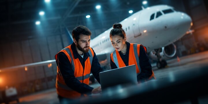 Aircraft engineers and aviation mechanics showcasing laptop diagnostic data, high-vis safety vests and commercial airplane hangar, representing aircraft maintenance and technical inspection