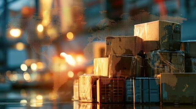 Export commerce activity featuring packaged goods prepared for overseas clients highlighting revenue potential and geopolitical risks close up global theme vibrant Double exposure world map backdrop. 