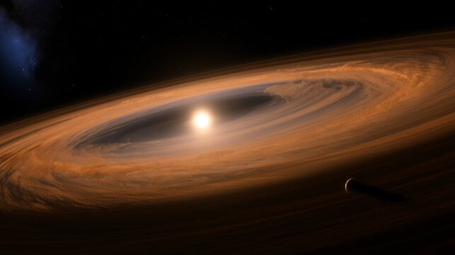 Warped protoplanetary disk around star with glowing rings, dark space background, planet formation concept
