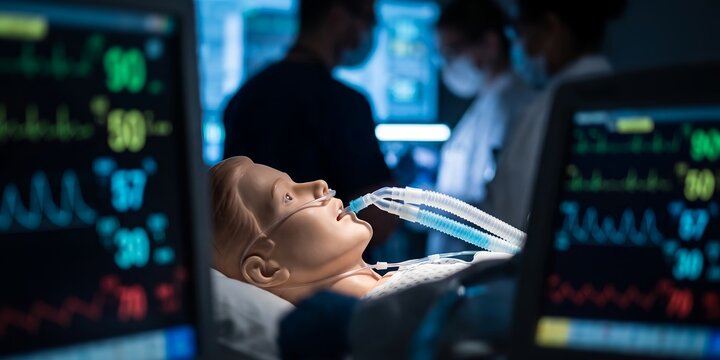 Medical training mannequin in ICU setup showcasing vital signs monitors, breathing apparatus and healthcare staff, representing medical education and clinical preparedness