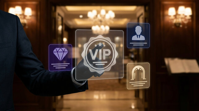 Professional businessman in a dark suit using a futuristic digital VIP interface in a luxury hotel lobby to access exclusive premium hospitality services