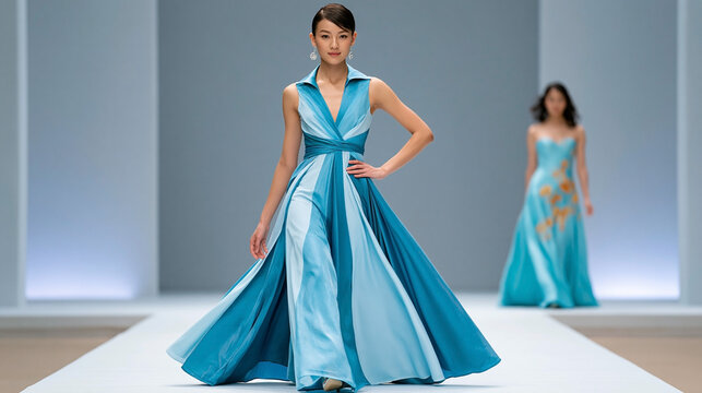 Luxury fashion runway with female models wearing flowing icy blue couture gowns under cool white lighting in a modern minimalist setting