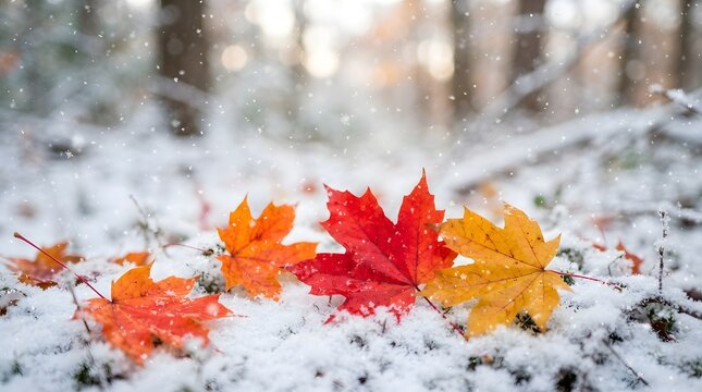 Vibrant autumn maple leaves resting on a fresh layer of early winter snow during a light snowfall