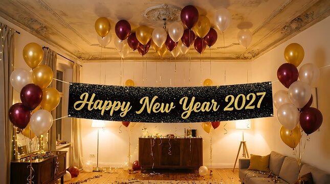 Happy New Year 2027 banner with gold and burgundy balloons in a decorated living room interior photo