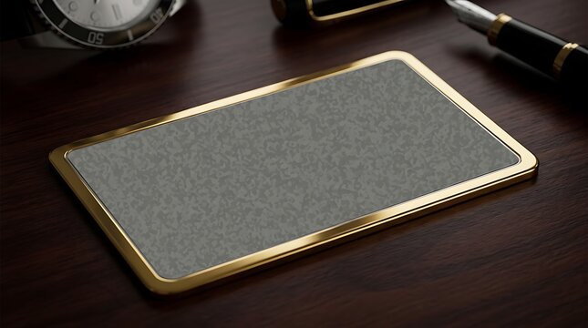 Blank Platinum Metallic Card with Gold Frame Luxury Executive Desk Mockup