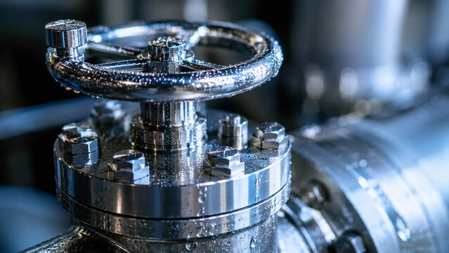 Extreme close-up of a metallic industrial pipe valve with water droplets