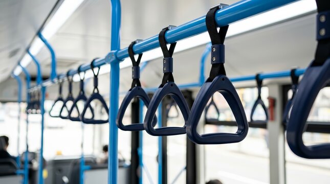 Selective focus shot of hanging handles for standing passengers in public transportation