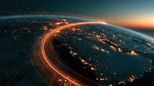 Global investment pathways visualized as glowing highways across Earth, futuristic realism, teal orange palette, 3D render, finance concept.