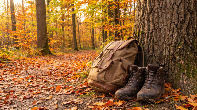 Hiking backpack and leather boots resting against a tree on an autumn forest trail