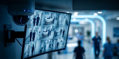 Obraz premium Modern CCTV security camera system displaying live hospital feeds, corridor monitoring and multi screen surveillance, focusing on healthcare safety and facility protection