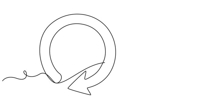 Self drawing simple animation of single continuous one line drawing of  refresh icon. Black return arrow in one line art style. Arrow drawing on white background. Full length one line animation. 4k 