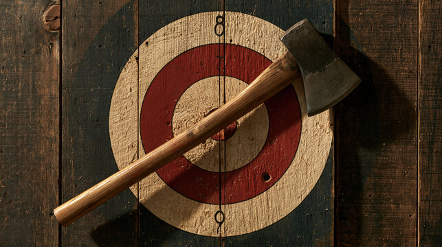Elegent photo of An axe embedded in a rustic wooden bullseye target with dramatic lighting. This represents themes of accuracy, precision, and competitive sports.