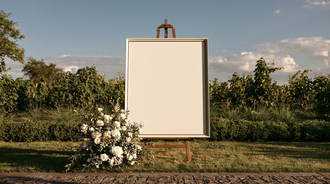 Elegent photo of An elegant blank wedding sign sits on an easel in a vineyard. It is ideal for custom invitations, seating charts, or welcome signage at rustic outdoor celebrations.