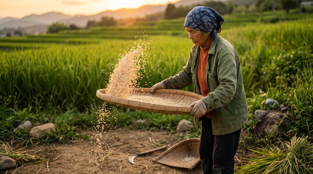Farmer winnows freshly harvested rice in amber evening light