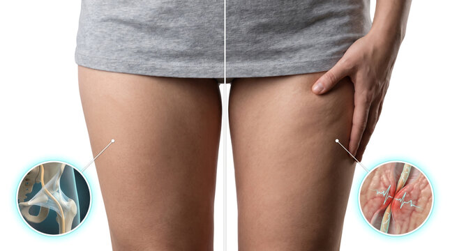 Thigh skin rash irritation fungal infection concept, human leg allergy inflammation dermatology problem and bacteria cause visualization