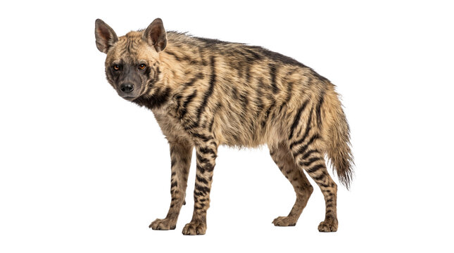 Striped hyena looking forward with its fur patterns visible standing on a transparent background.