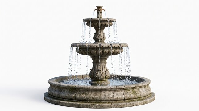 Decorative stone fountain cascading crystal clear water on white background with ornate stone water fountain multiple tiers flowing liquid architecture