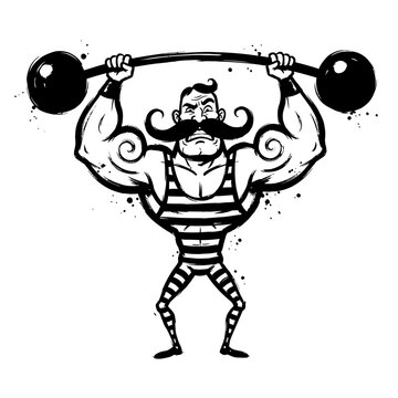 Strongman lifting heavy barbell with muscular physique and mustache.