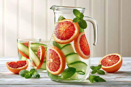 A large glass dispenser or pitcher filled with ice-cold water infused with slices of fresh blood orange, cucumber ribbons, and fresh mint leaves.