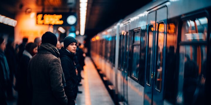 Young male commuter at a subway platform showcasing modern underground train, glowing warm lights and waiting passengers, representing urban transit and daily travel routine
