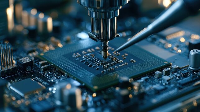 Microchip Installation semiconductor processor integration electronic precision engineering technology innovation close up industrial laboratory realistic Fusion circuit board workstation. 