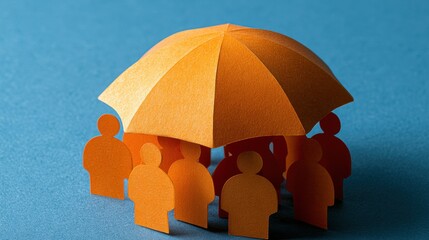 Group of paper cutout people figures standing together under large orange umbrella symbolizing protection safety and support concept on blue background
