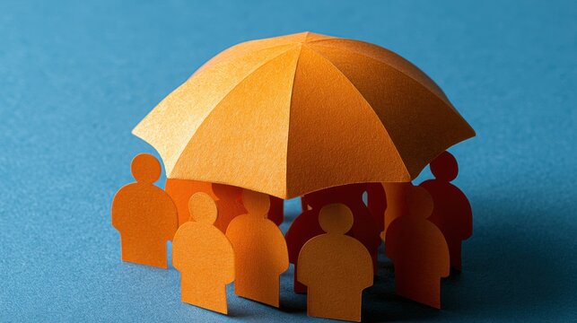 Group of paper cutout people figures standing together under large orange umbrella symbolizing protection safety and support concept on blue background