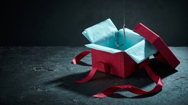 Concealed hook inside a holiday gift box phishing metaphor