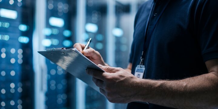 IT technician in server room showing clipboard inspection, routine system auditing and hardware maintenance, representing network infrastructure security and data center management