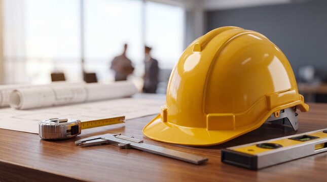 Yellow construction helmet with engineering tools on wooden table with level desk blurred figures calipers tape measure