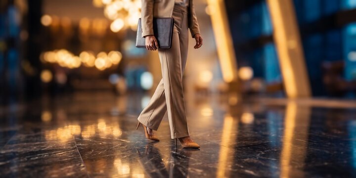Professional businesswoman walking through modern lobby showcasing stylish trouser suit, leather folder and elegant heels, representing career ambition and female empowerment