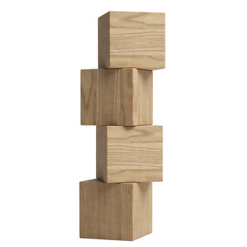 Stack of four wooden cubes arranged in a vertical column isolated on transparent background