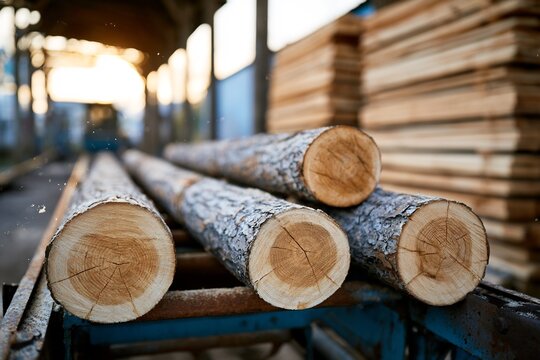 Freshly cut pine logs on sawmill conveyor belt at sunset for timber industry and lumber production