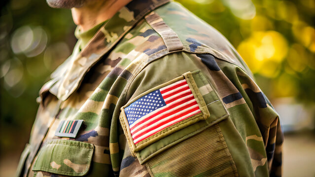 Close up of a united states soldier wearing a camouflage military uniform with an american flag patch on the shoulder