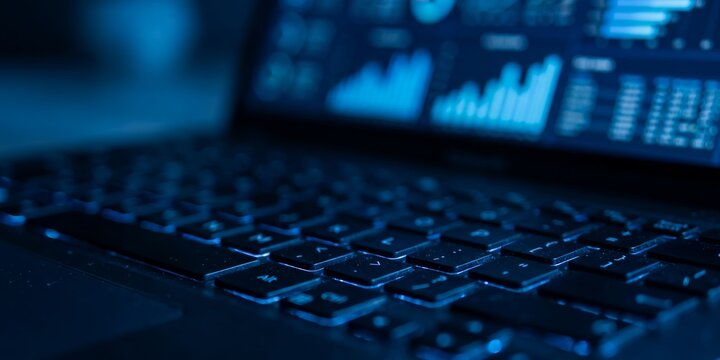 Laptop keyboard and digital dashboard screen showing financial charts, data analytics and illuminated keyboard keys, representing modern business intelligence and technology growth