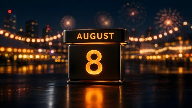 Glowing 3D calendar block showing August 8 date against a festive night background with fireworks and bokeh lights.