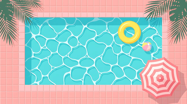Top down illustration of a swimming pool with summer accessories