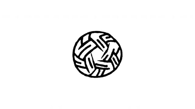 4K hand drawn sepak takraw ball pop-up icon featuring boiling line animation. Frame by frame line art on black and green screen backgrounds for rattan ball game, southeast asian sports, kick volley.