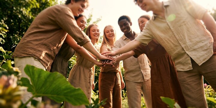 Diverse group of happy young friends showcasing stacked hands, genuine smiles and casual earthy outfits, representing community support and social togetherness