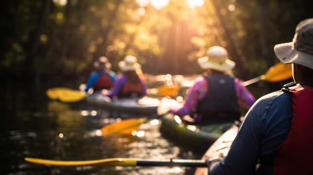 Group of outdoor kayaking enthusiasts showcasing calm river paddling, warm sunset backlighting and protective safety gear, representing active eco tourism and nature exploration