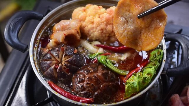 Chopsticks holding a mushroom slice over a boiling spicy Chinese Mala hot pot with shiitake mushrooms and fresh vegetables. Delicious Asian street food culinary concept.