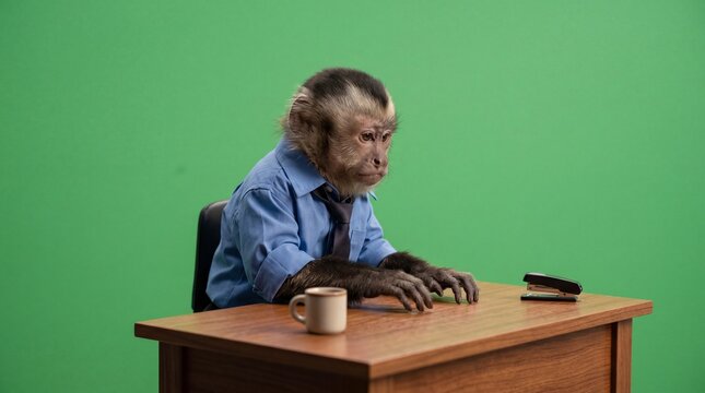 Realistic monkey office worker typing rapidly on an invisible laptop on a green screen background. Anthropomorphic monkey in a business shirt and tie at a desk with coffee and stapler.