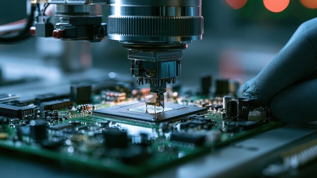 Printed Circuit Assembly solder connection manufacturing automation quality assurance focus on clean production facility vibrant Composite electronics assembly bench. 