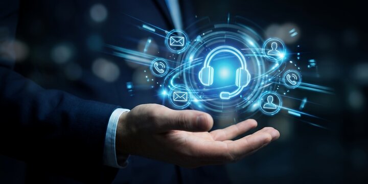 Customer service interface graphics showcasing glowing headset icon, contact symbols and email badges, representing online hotline assistance and corporate call center operations