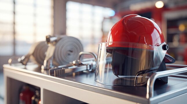 Shiny red protective helmet with clear face shield resting on metal equipment cart inside station with bright red safety