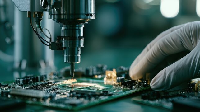 Printed Circuit Assembly solder connection manufacturing automation quality assurance focus on clean production facility vibrant Composite electronics assembly bench. 