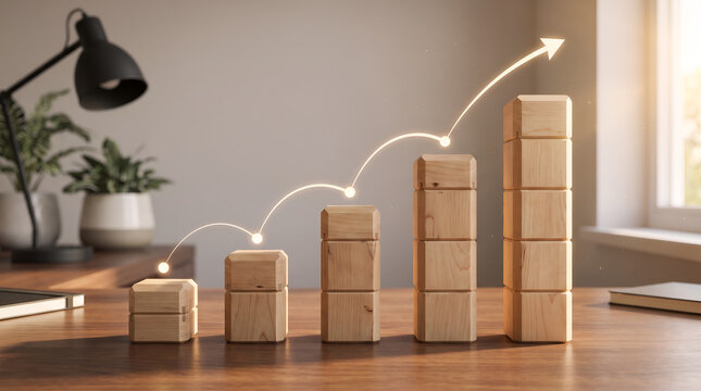 Wooden blocks stacked as a bar chart with a glowing upward arrow