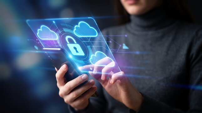 Cloud security interface overlay and smartphone showcasing padlocked cloud icon, digital data network and mobile interface, representing cybersecurity protection and cloud data safety