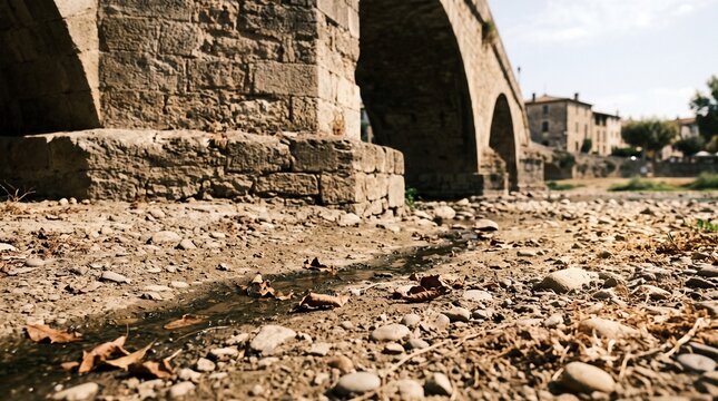 Dry river sediment at a historic bridge foundation