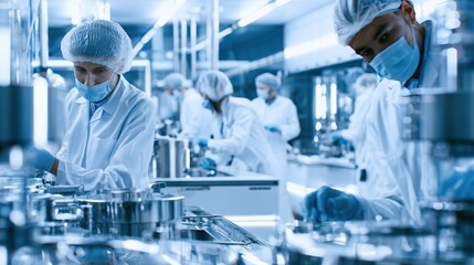 Fototapeta premium Modern science laboratory with researchers in protective gear